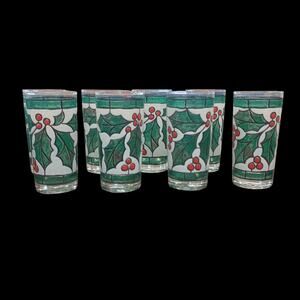 West Virginia Snowy Holly Berry Stained Glass Tumblers Set of 8 Holiday 12 oz